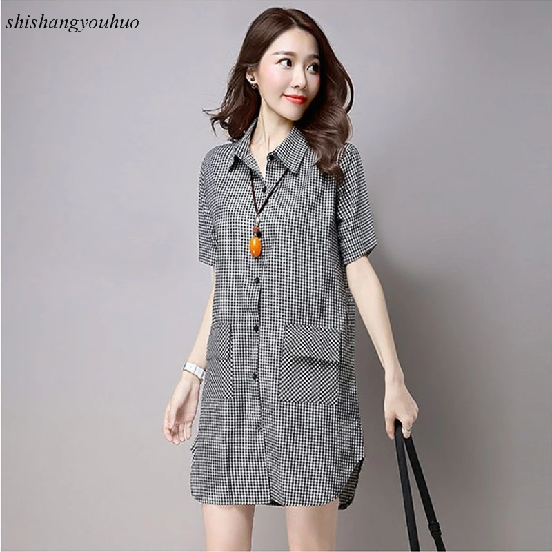 2017 New Summer Autumn Women Long Shirts Loose Large Size Cotton Plaid Shirt Lady Fashion Casual Short Sleeve Wild Simple |