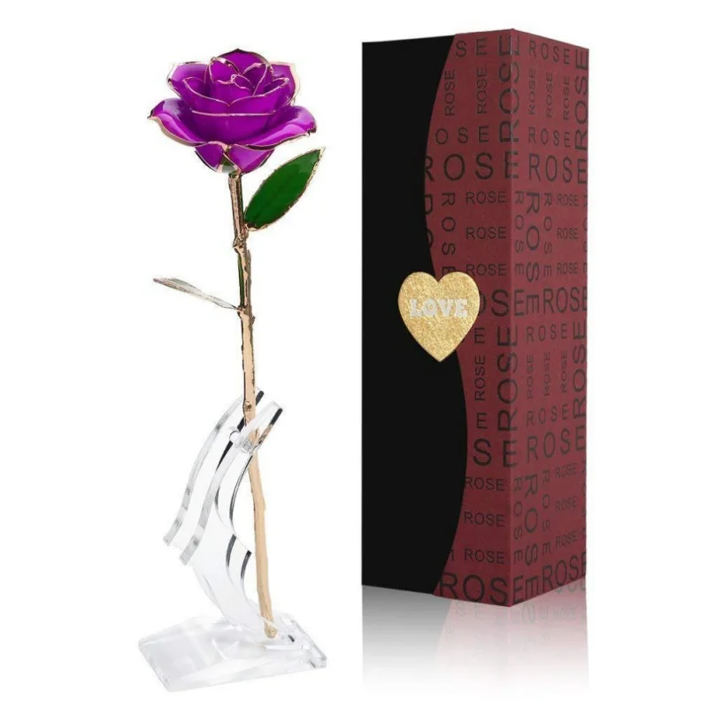 

24K Exquisite Perfect Gift For The Loved One(With Bracket) Gold Foil Long Stem Trim Rose Flower Mothers' Day Gifts