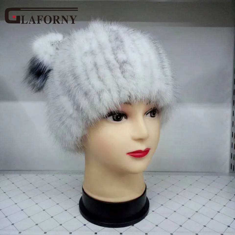 Glaforny Новые Вязаные норковые меховые шапки с милыми кошачьими ушками из лисьего меха в полоску для русской женщины зимние теплые меховые шапки бини винно-красного цвета - Цвет: cross mink