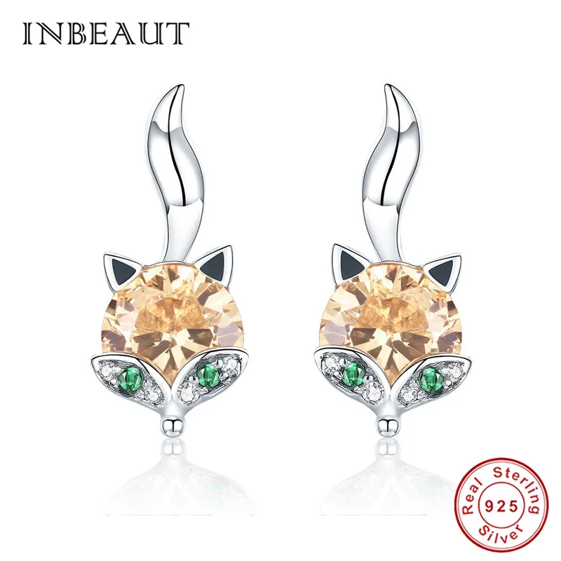 INBEAUT, женские трендовые серьги в форме животных, 925 пробы, Серебряная лиса, кошка, тигр, кролик, панда, серьги-гвоздики, вечерние ювелирные изделия