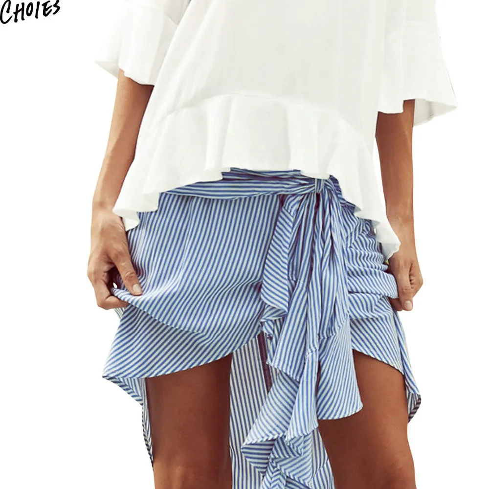 Женская Асимметричная юбка в полоску с бантом 2 цвета высокая низкая 2017 летняя