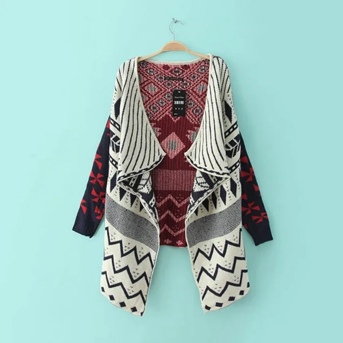 Геометрический Узор Жаккардовые Кардиган Мода 2017 Полный Рукав Открыт Стежка