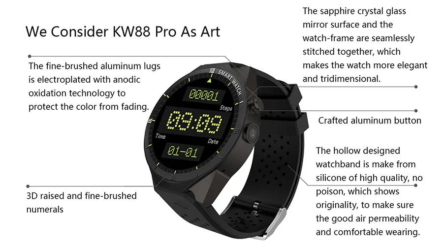 KOSPET KW88 PRO 1 ГБ 16 ГБ 1,3" Bluetooth 4,0 Android 7,0 четырехъядерный сенсорный экран MTK6580 gps носимое устройство 3g смарт часы телефон
