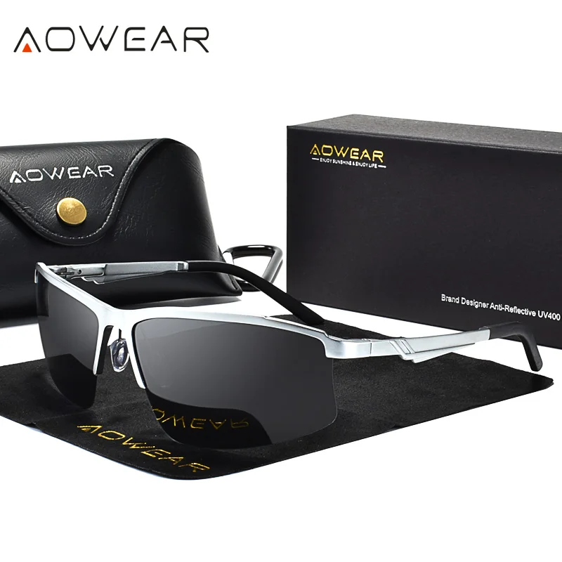 AOWEAR роскошные солнцезащитные очки без оправы мужские Поляризованные алюминиево-магниевые ретро-очки с зеркальными стеклами мужские очки для вождения Polaroid Oculos - Цвет линз: C3 Silver Black