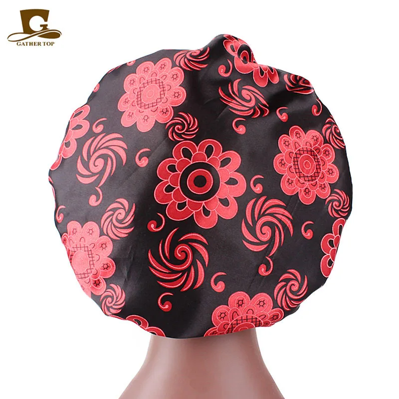 Black Red Атласная шапочка для женщин, шапка для сна и дня и ночи, широкая эластичная лента, цветочный принт, для салона красоты, головные уборы, уход за волосами, шелковистая Удобная шапка - Цвет: Black Red