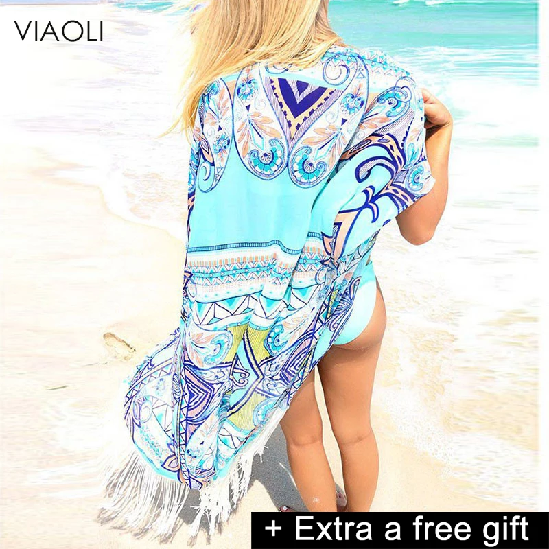 photo VIAOLI New Chiffon Beach Cover Up Long Tassel Beach Cardigan Feminino Swim suit Printed Bathing Suit Cover Ups Pareo Beach Tunic - Цвет: photo