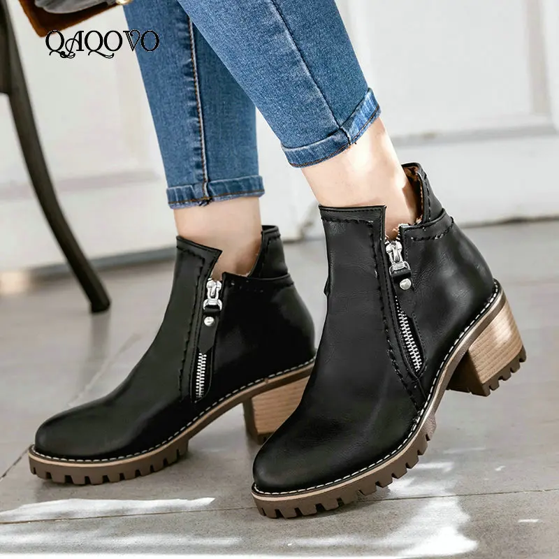 Женские ботильоны на молнии удобные ботинки с круглым носком и квадратным