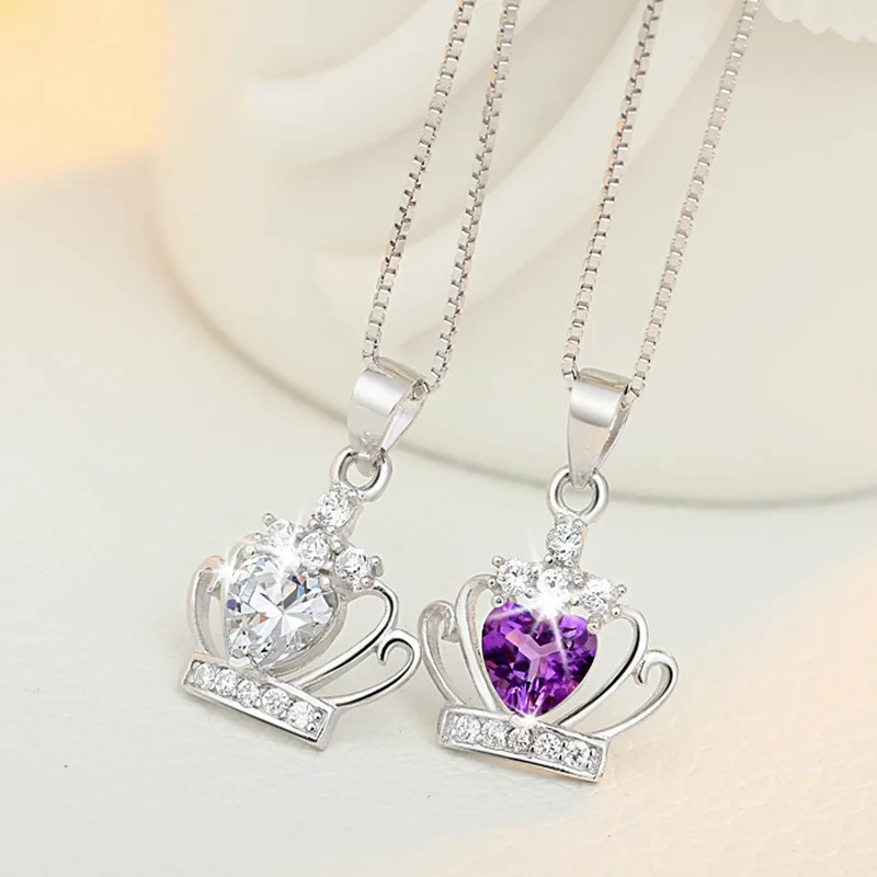 

100% 925 sterling silver fashion princess crown shiny crystal ladies`pendant necklace jewelry women short box chain wholesale