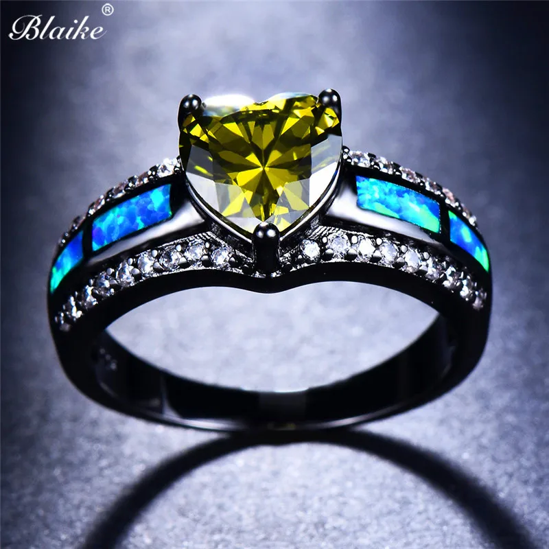 Blaike Aqua Blue/Шампанское/зеленый/розовый, красный/оливковый зеленый/Фиолетовый Сердце Циркон Кольца для женский, черный gold Filled Обручение ювелирные изделия