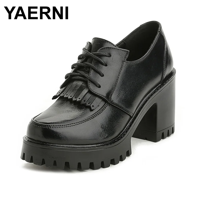 

YAERNI/женские туфли-лодочки из натуральной кожи на платформе со шнуровкой в британском стиле; Обувь на толстом высоком каблуке; Женская обувь ...