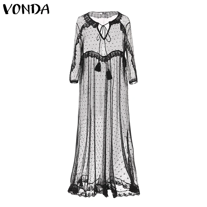 Black VONDA летнее Сексуальное Белое Кружевное платье женское платье в горошек с v-образным вырезом и асимметричным подолом праздничный кардиган Vestidos размера плюс S-5XL - Цвет: Black