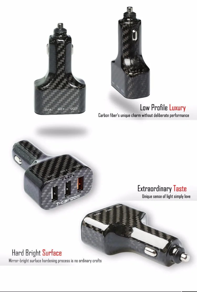 T-carbon волокно высокое качество 3 отверстия USB Автомобильное зарядное устройство QC2.0 Быстрая зарядка