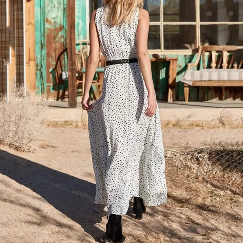 Белое платье макси в горошек элегантное винтажное модное женское летнее без