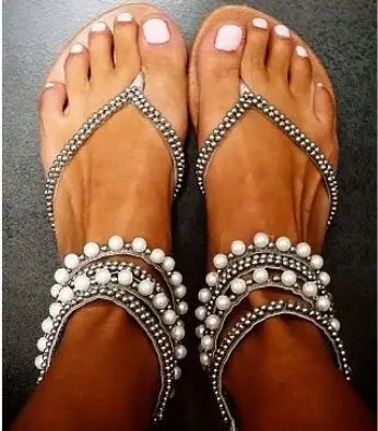

Women Casual Shoes Pearls Decoration Flat With Beach Sandals Comfortable Back Zipper Flip Flops Hollow Out Shoes Free Shipping