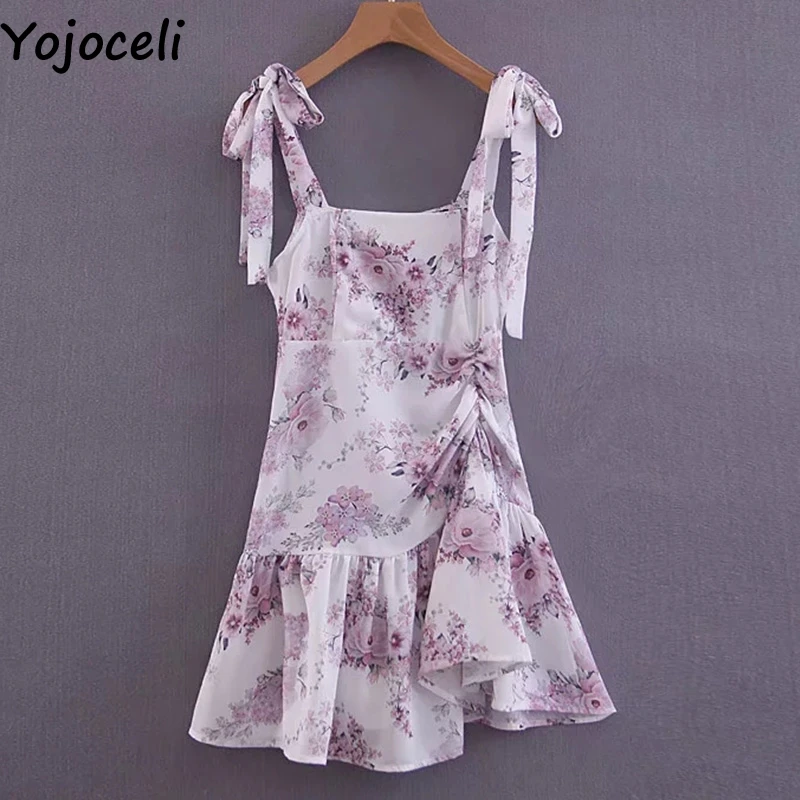 Print Yojoceli, сексуальный сарафан с бантом и рюшами, женское летнее пляжное короткое платье в стиле бохо с цветочным принтом, женское повседневное Мини платье для вечеринки, vestidos - Цвет: Print