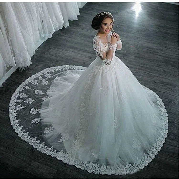

2018 Sheer Neck Robe de Mariage Cheap Wedding Dresses With Long Sleeve Women Ball Gown Wedding Dress Vestido de Noiva Lace