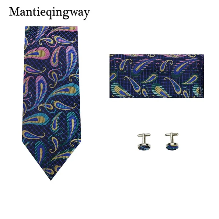 Mantieqingway 60 цветов галстук носовой платок Запонки Наборы для мужчин бизнес цветочные полосы печатных шеи галстук носовой Запонки Набор