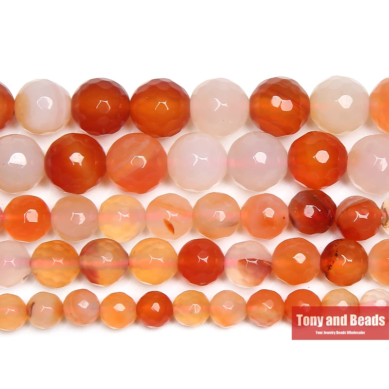 

15" Natural Stone Faceted Orange Red Agate Round Loose Beads 6 8 10 12MM Pick Size For Jewelry Making DIY