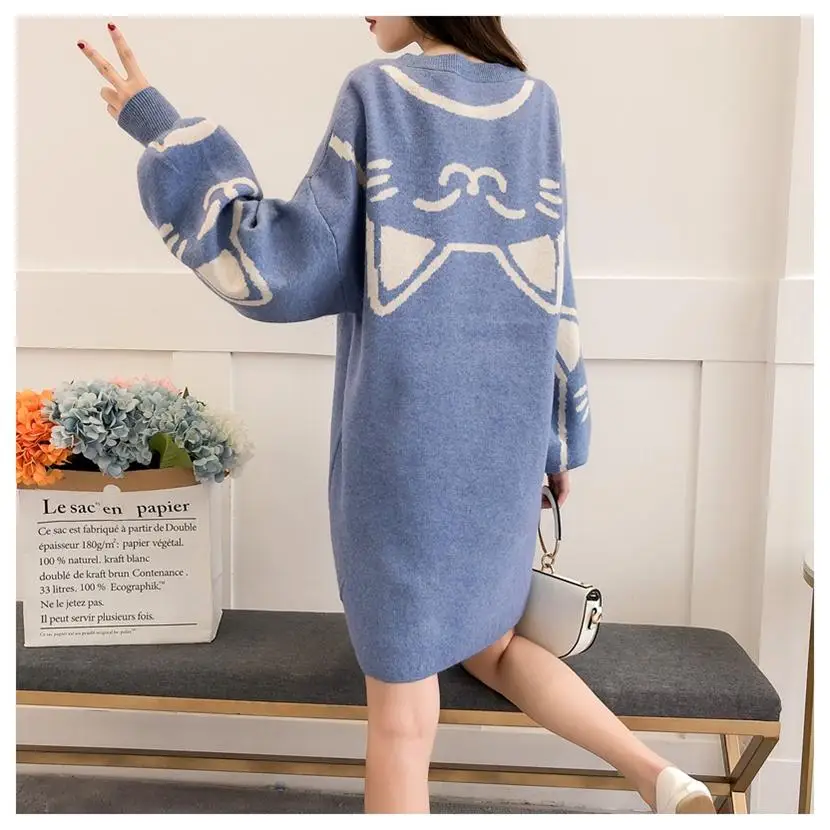 HF18191 Blue HSA roupas feminina, женский зимний свитер, платье с рукавами-фонариками, Милый принт с кошками, Свободный Длинный свитер, джемперы, желтый свитер, Топ - Color: HF18191 Blue