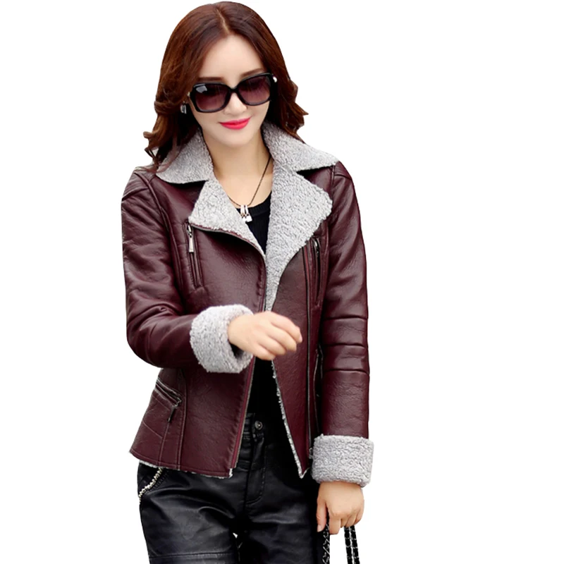 

Autumn winter women Korean leather jackets PU leather velvet thicker fashion short coats plus size XL-3XL femela clothing QH0681