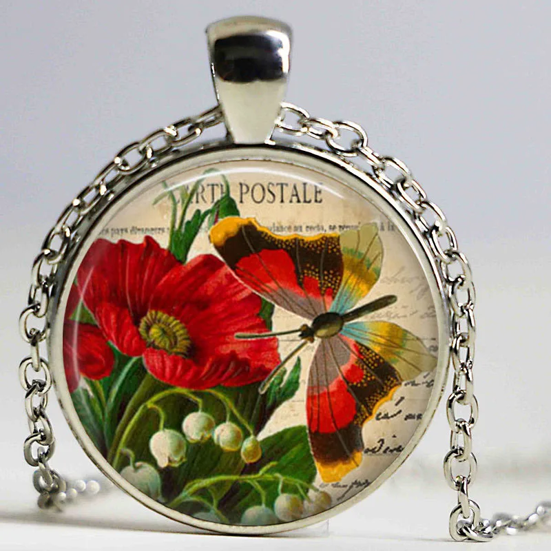 Винтажный кулон бабочка ожерелье с красным цветком ювелирные изделия весенне