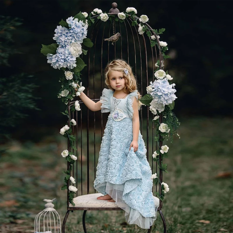 Прекрасный Голубой Цветы Платья Для Подружек Невесты Длинные Выпускные Дети На