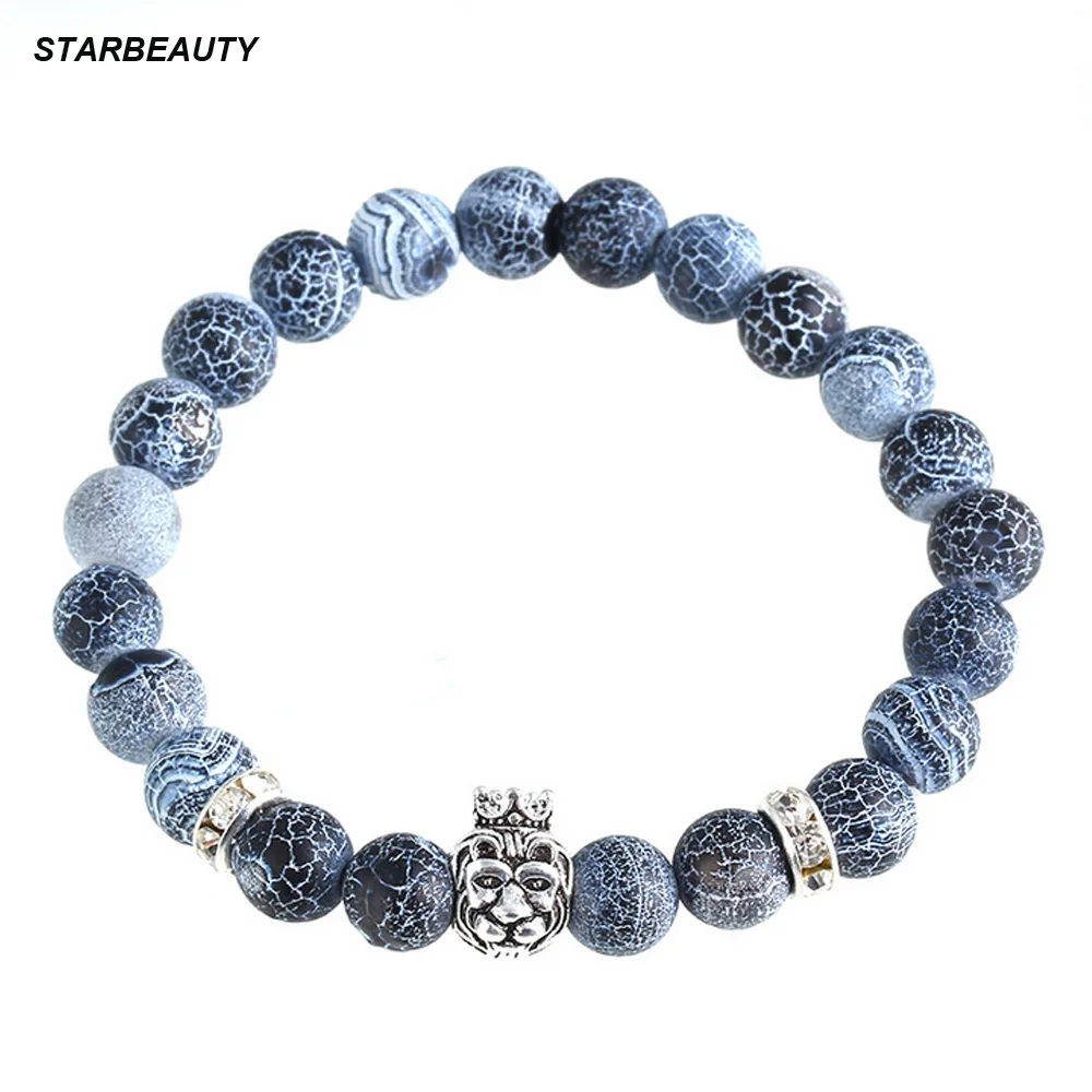 Естественное выветривание мужской браслет 8 мм Лава каменная голова льва с