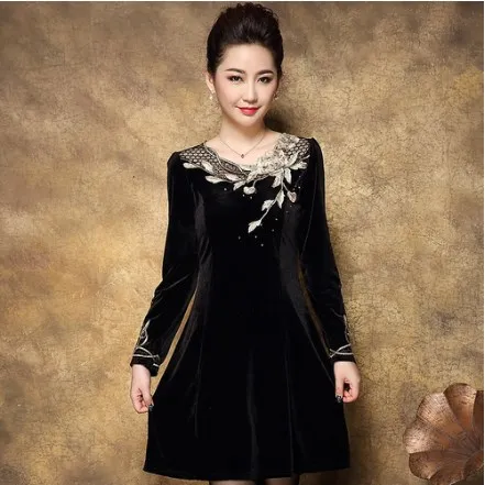 Платье женское винтажное с вышивкой вельветовое платье для женщин среднего