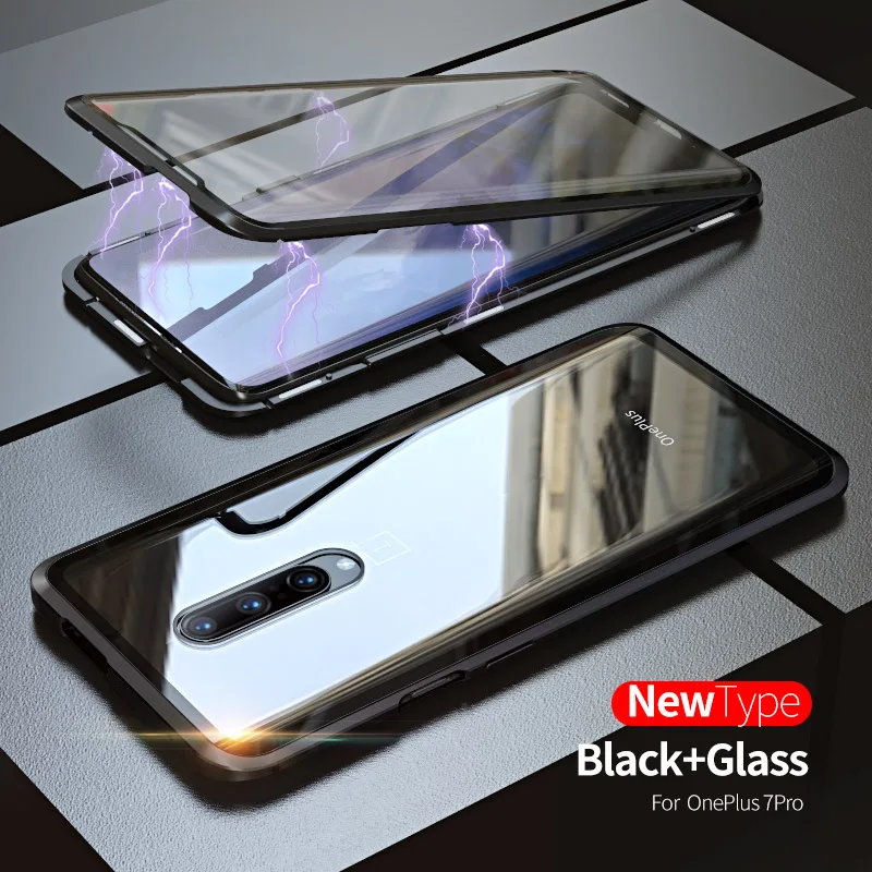 Black OnePlus 7 Pro Для One Plus7pro Магнитный адсорбционный металлический чехол для Oneplus 7 7 Pro Роскошный 360 Полный чехол Передняя Задняя крышка из закаленного стекла двойная крышка - Цвет: Black OnePlus 7 Pro