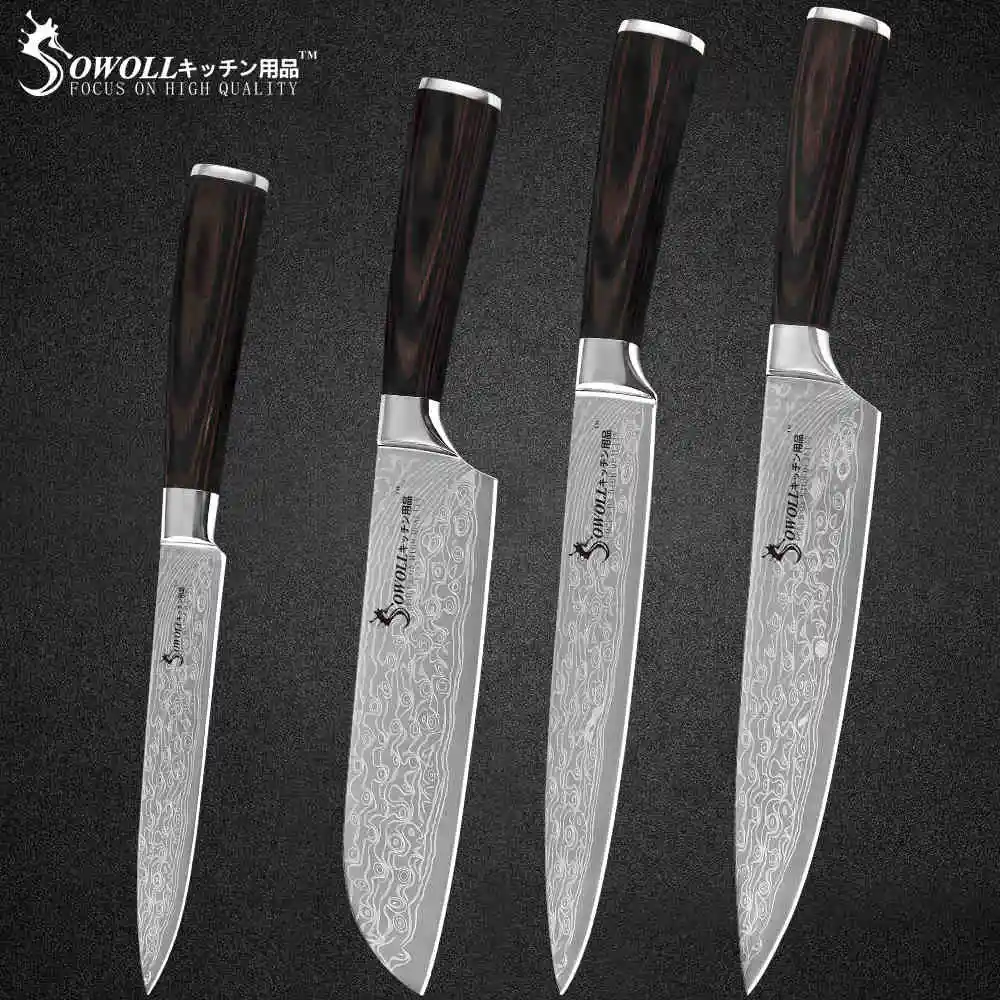 C.4PCS SET Sowoll кухонные ножи из нержавеющей стали 6 шт. набор дамасский узор лезвие цвет деревянная ручка Кухонные гаджеты Инструменты для приготовления пищи - Цвет: C.4PCS SET