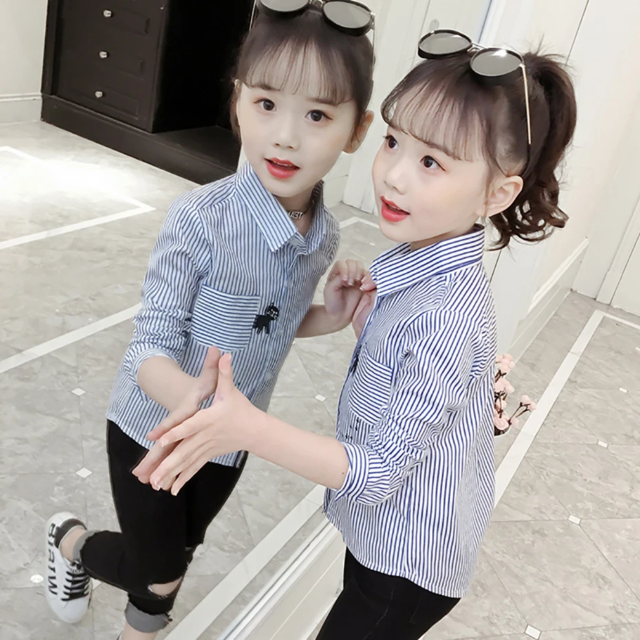 Блузка для девочек школьная блузка с длинными рукавами Детская рубашка в полоску