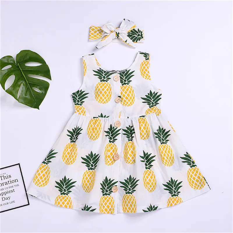Kids Baby Girl Clothing Fruits Flowers Printed 2Pcs Sets Sweet Sleeveless Strap Button Dress A-Line Sundress Bow Headband 6M-4Y | Детская