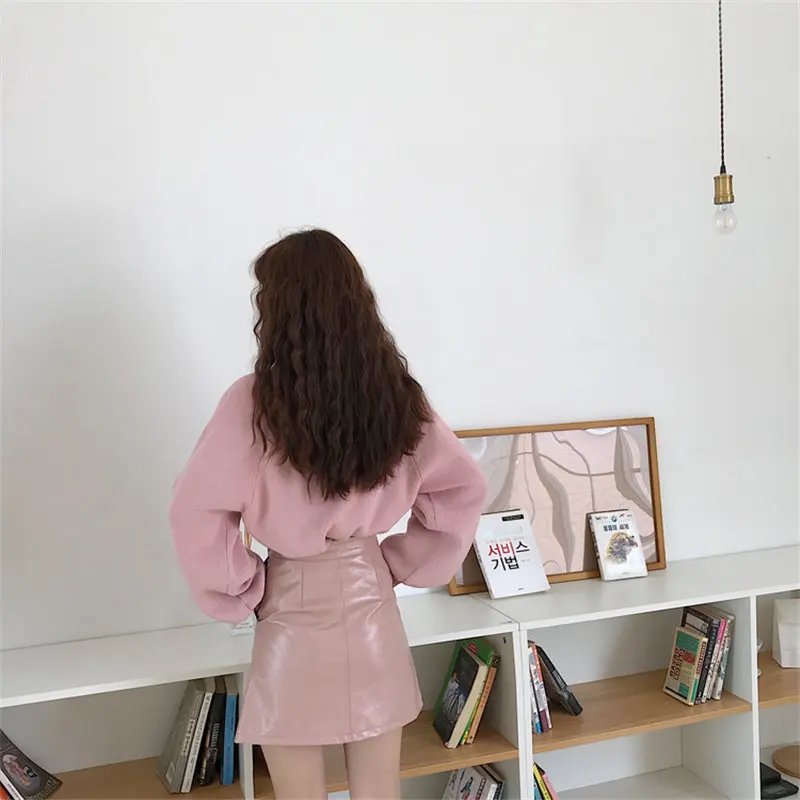 Alien Kitty Pink All Match PU Leather Zipper Pocket Women Slim Skirts High Waist Mini A-line Solid Simple Sexy Fresh | Женская одежда