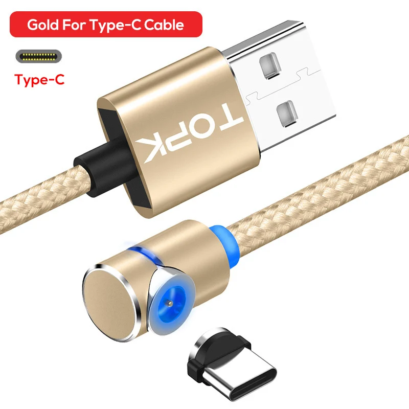 Gold Type-c Cable Магнитный кабель usb type C, TOPK L-Line1 кабель типа C с l-образной формой 90 градусов светодиодный кабель с магнитной USB-C для зарядки usb-c - Цвет: Gold Type-c Cable