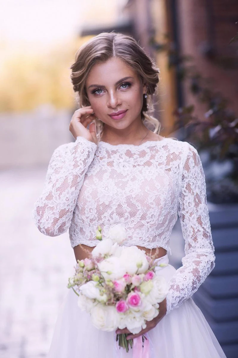 LORIE/пляжное свадебное платье с длинными рукавами; кружевное платье невесты; 2 предмета; платье принцессы в стиле бохо; фатиновое платье для свадьбы; свадебное платье