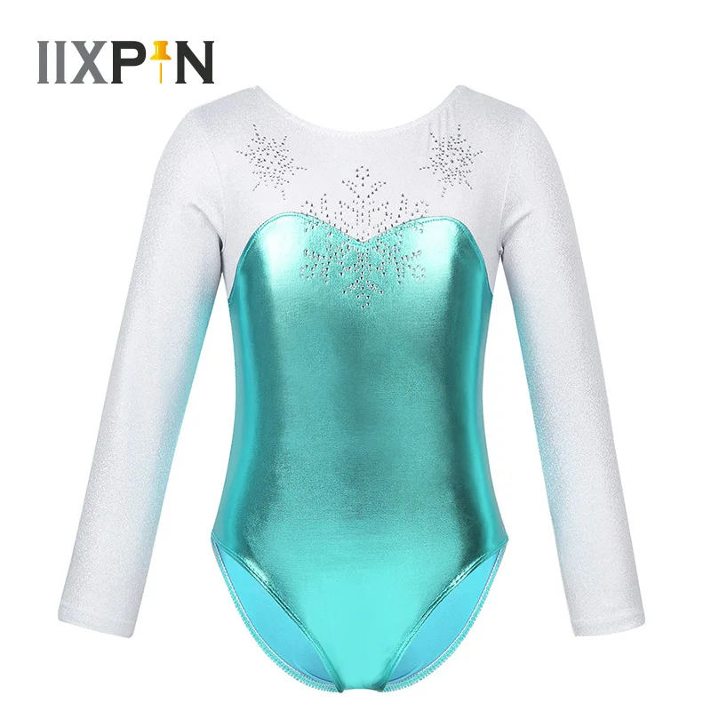 

Kids Gymnastics Leotard ballerina Girls Long Sleeves Shiny Rhinestone Snowflake Metallic Bodice Ballet Dance Costumes Jumpsuit