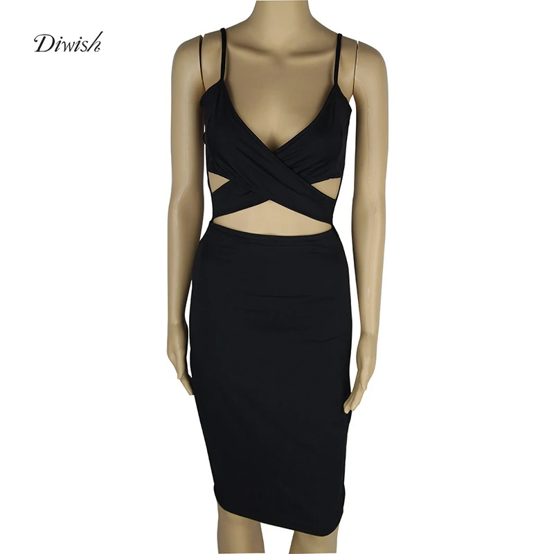 Diwish Bodycon Dress Women 2019 Spaghetti Strap Midi V-Neck Sexy Cut Out White Black Party Dresses Evening Clubwear | Женская одежда