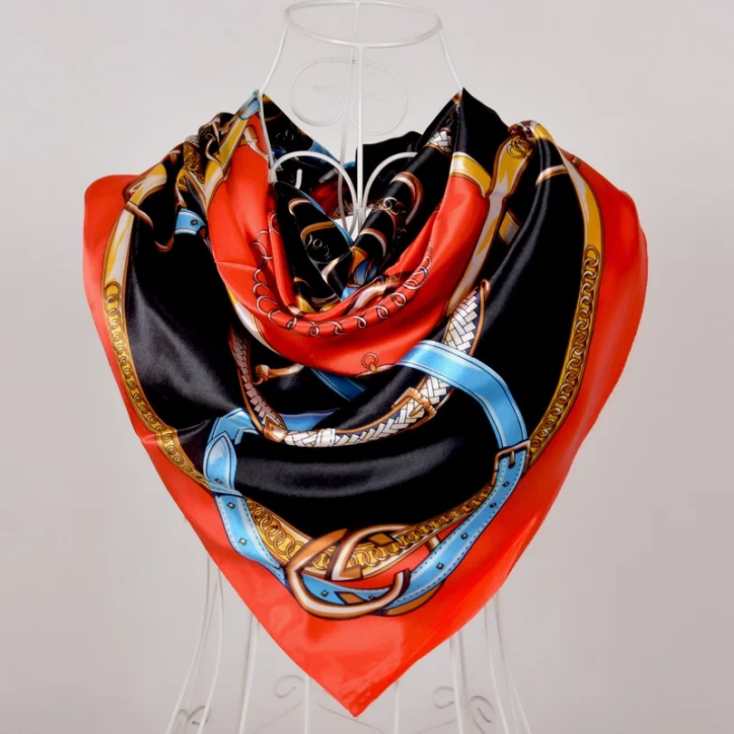 black red 577 Новое поступление женский шелковый шарф, модные аксессуары атласные большие квадратные женский шарф с принтом, дизайн бежевая шелковая шаль 90*90 см - Цвет: black red 577