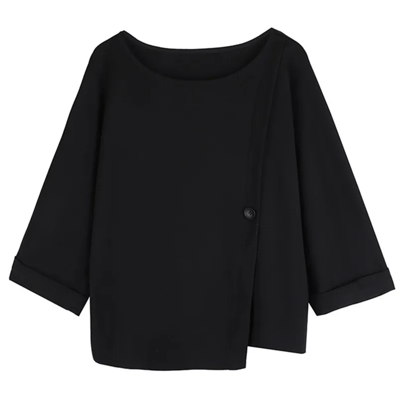 Женская футболка с круглым вырезом рукавом летучая мышь и пуговицами|Футболки| |