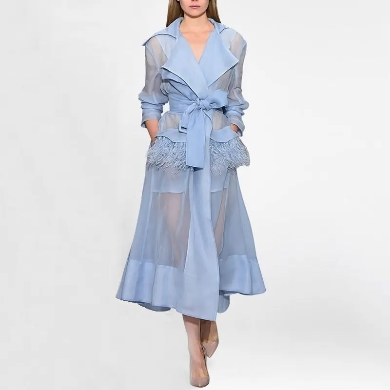 Тренчкот женский длинный с перьями ветровка в европейском и американском стиле