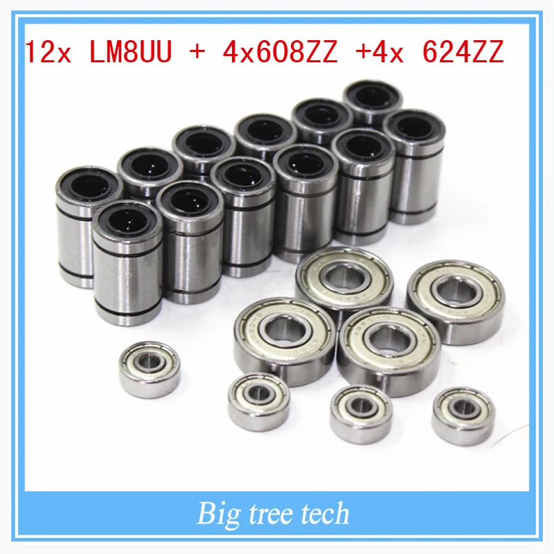 12 x LM8UU & 4 608ZZ 4x 624ZZ комплект подшипников для 3D принтера RepRap|for 3d printer|reprap 3dkit kits |