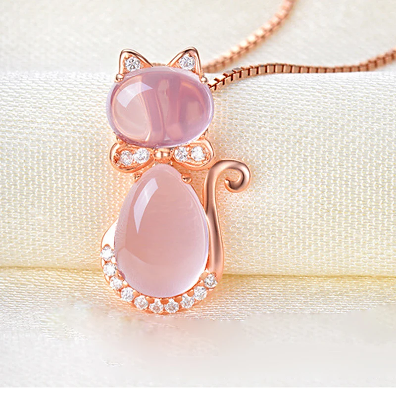 Ociki Rose Gold Color CZ Crystal Ross Quartz Pink Opal Necklace Earrings and Ring Jewelry Set for Cute Cat Women Girls | Украшения и