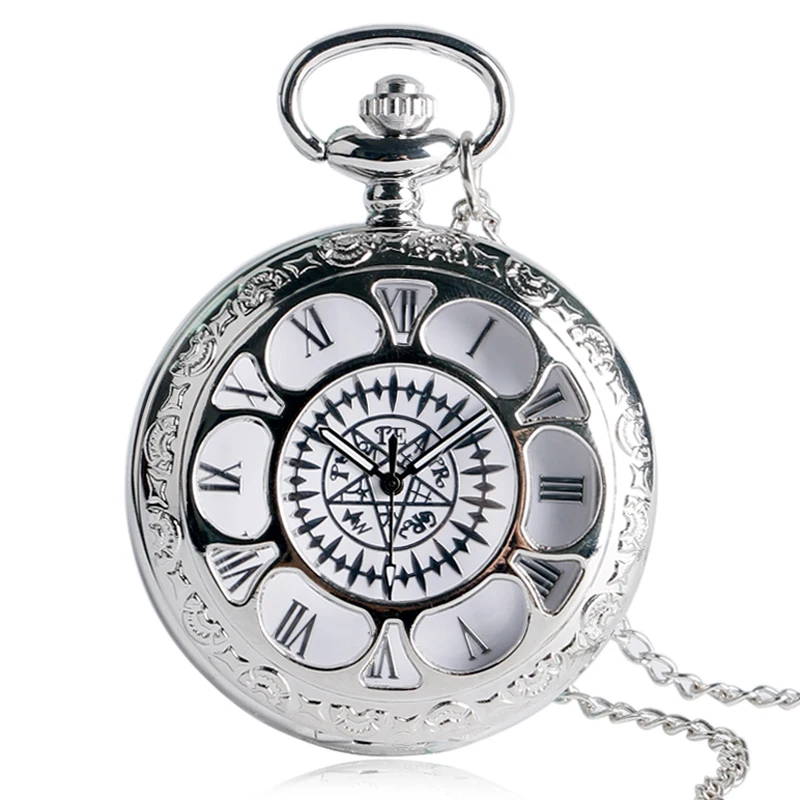 

Hollow Anime Flower Silver Quartz Pocket Watch Retro With Necklace Pendant Clock Gifts for Children Half Hunter Reloj Mujer