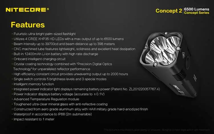 Nitecore Concept 2 перезаряжаемый светодиодный фонарик 4x CREE XHP35 HD светодиодный s 6500 люмен супер яркий C2 включает встроенный аккумулятор