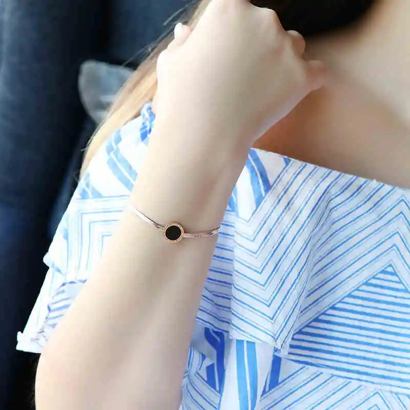 Черный круглый браслет для женщин высшее качество 18KGP розовое золото титановая