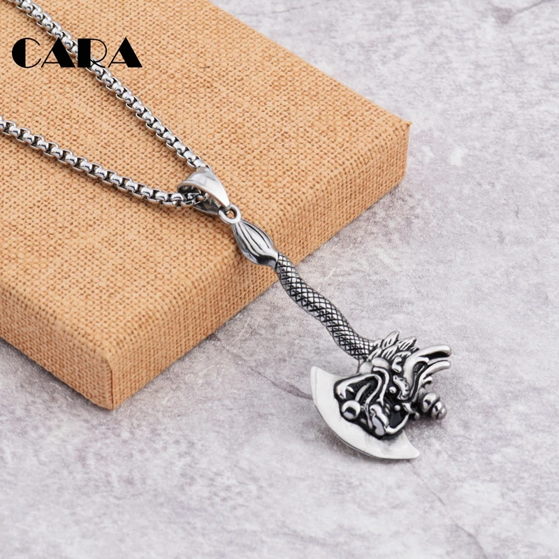 CARA New 3color Vintage Jewelry Stainless Steel Titanium Color Dragon axe Necklace Pendant long chain punk necklace men CAGF0259 | Украшения