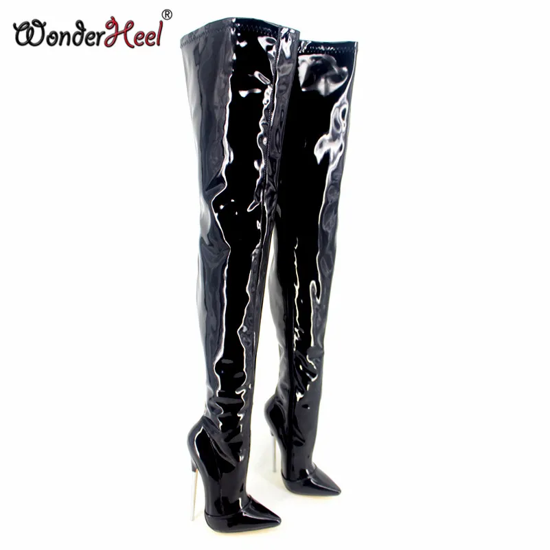 Wonderheel/Новые пикантные фетиш-сапоги на экстремально высоком металлическом каблуке-шпильке примерно 18 см с острым носком из лакированной кожи
