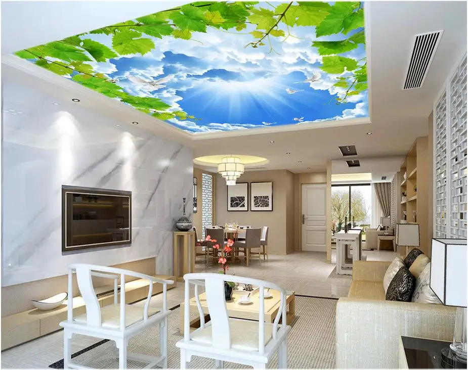 3D обои с голубым небом голубями лиственным потолком современные фрески для