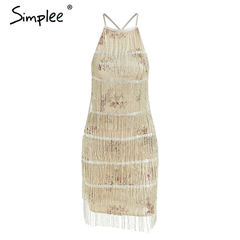 Simplee открытая спина завязывается кисточкой сетки блесток сексуальное платье