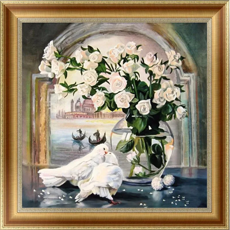 Картина с голубями и белыми цветами 5D алмазная вышивка крестиком сделай сам
